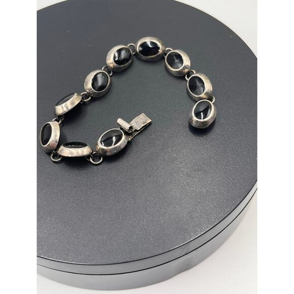 Sterling Silver 925 Vintage Ten Oval Onyx Inlay Linked Bracelet 15.7 Gram, Sz 7 - Picture 10 of 11
